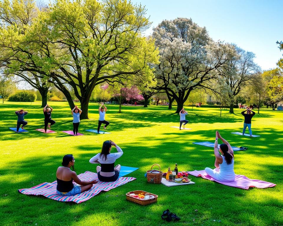 Parkdag met ontspanning, yoga en picknick in de zon